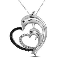 0.12 CTW Black Color Diamond Dolphin Heart Pendant 10KT White Gold - REF-10F5N