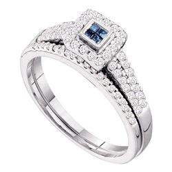 0.50 CTW Princess Blue Color Diamond Halo Bridal Ring 14KT White Gold - REF-59N9F