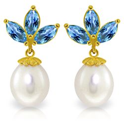 Genuine 9.5 ctw Blue Topaz & Pearl Earrings Jewelry 14KT Yellow Gold - REF-31T2A