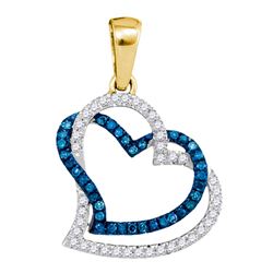 0.19 CTW Blue Color Diamond Joined Double Hearts Pendant 10KT Yellow Gold - REF-19N4F
