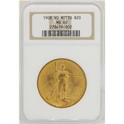 1908 No Motto $20 St. Gaudens Double Eagle Gold Coin NGC MS65