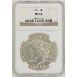 1924 $1 Peace Silver Dollar Coin NGC MS64