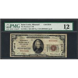 1929 $20 National Currency Note Saint Louis, Missouri CH# 12916 PMG Fine 12