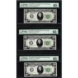 Lot of (3) 1928B $20 Federal Reserve Notes Fr.2052-G PMG Gem Uncirculated 65EPQ