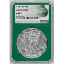2018 $1 American Silver Eagle Coin NGC MS69 Early Releases Green Core