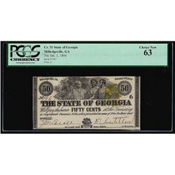 1864 Fifty Cents The State of Georgia Obsolete Note PCGS Choice New 63