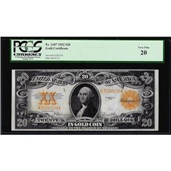 1922 $20 Gold Certificate Note Fr.1187 PCGS Very Fine 20