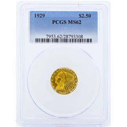1929 $2 1/2 Indian Head Quarter Eagle Gold Coin PCGS MS62