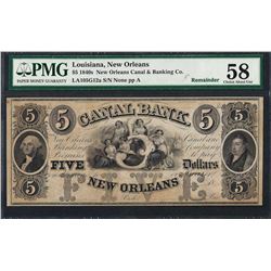 1840's $5 New Orleans Canal & Banking Co. Obsolete Note PMG Choice About Unc 58