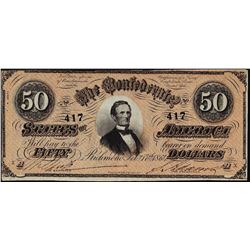 1864 $50 Confederate States of America Note