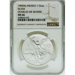1983MO Mexico 1 Onza Silver Libertad Doubled Die Reverse Coin NGC MS66