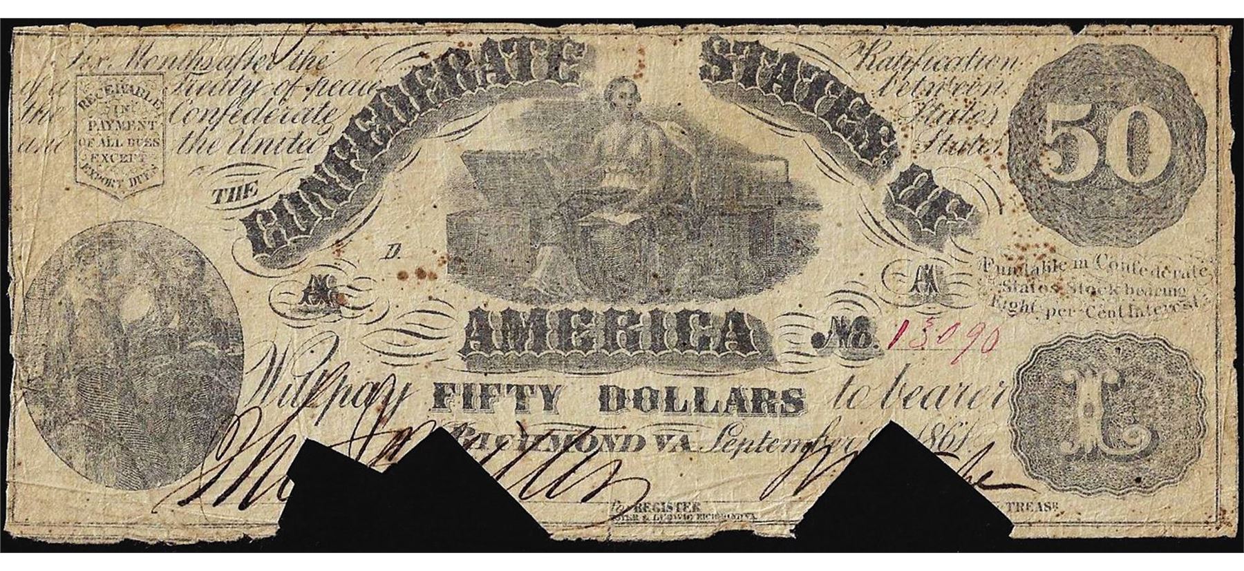 Confederate Rations 1861 1861 $50 Confederate States of America Note Cut Canceled