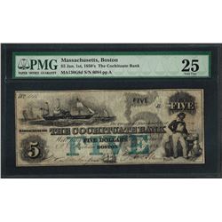 1850's $5 The Cochituate Bank Obsolete Note PMG Very Fine 25