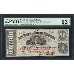 1863 $20 The State of North Carolina Obsolete Note PMG Uncirculated 62 Net