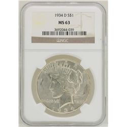 1934-D $1 Peace Silver Dollar Coin NGC MS63