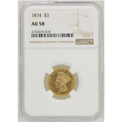1874 $3 Indian Princess Head Gold Coin NGC AU58