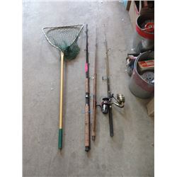 3 Fishing Rods 2 with Reels,  Nets & More