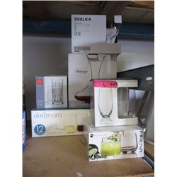 New Decanter & 5 Boxes of Assorted Glasses