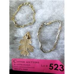 2 Sterling Bracelets and a 24 KT Gold Dipped Leaf