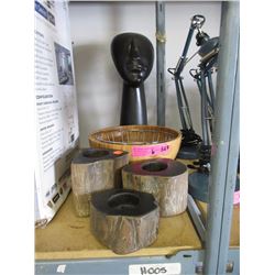 Wood Candle Holders, Bowl & Ceramic Statue