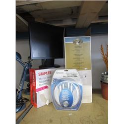 Monitor, Monitor Stand, Table Lamp & Cables