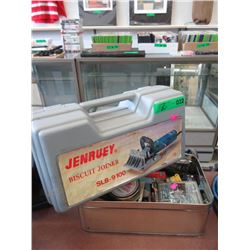 Tin of Assorted Hardware & Jenruey Biscuit Joiner