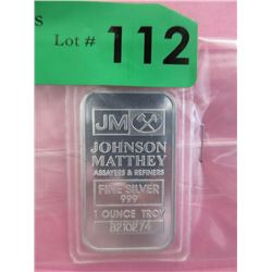 1 Oz. .999 Fine Silver Johnson Matthey Bar