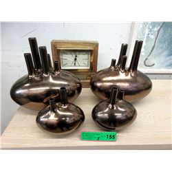 New Mantel Clock & 4 Metallic Glazed Vases