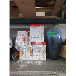 Large Blue Art Glass Vase & Wine Glasses