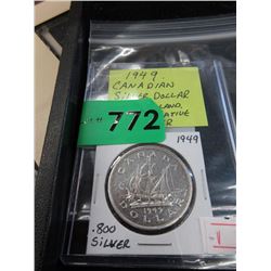 1949 Canadian Silver Dollar Coin - .800 Silver
