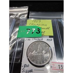 1953 Canadian Silver Dollar Coin - .800 Silver