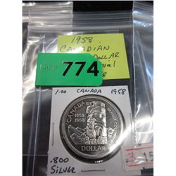 1958 Canadian Silver Dollar Coin - .800 Silver