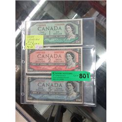 Three 1954 Old Issue Canadian Banknotes