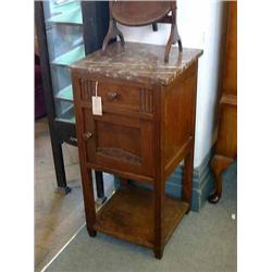 A Continental oak bedside cupboard with rouge marble top, H 81cms W 40cms, and sundry furniture....