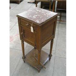 A French oak bedside table with marble top, H 90cms W 38cms, and a mahogany occasional table, W 6...