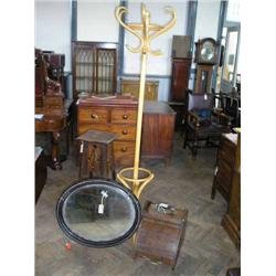 A walnut coal box; a bentwood coat stand; a jardiniere stand; and a mirror...
