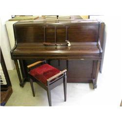 A mahogany upright piano by Rogers, London, iron-framed and overstrung, and a piano stool, H 150c...