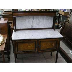 An Edwardian inlaid mahogany washstand, with marble top and back, H 127cms W 107cms...