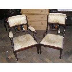 A late Victorian inlaid rosewood and mahogany open armchair and a matching nursing chair...