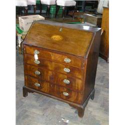 A George III mahogany bureau, later inlaid and carved, H 109.5cms W 95.5cms...