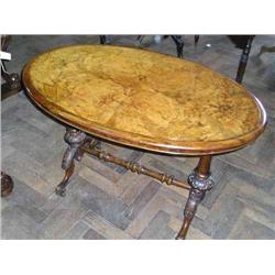 A Victorian burr walnut oval centre table, L 104cms D 60cms...
