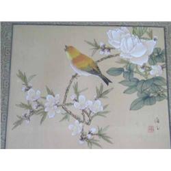 A pair of Chinese watercolours on silk of birds on prunus, and a quantity of embroidered silk pan...