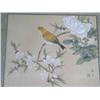 Image 1 : A pair of Chinese watercolours on silk of birds on prunus, and a quantity of embroidered silk pan...