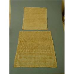 An 1818 alphabet sampler, an 1863 sampler (faded), and a quantity of lace...