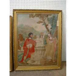 An early 19th century painted silk biblical embroidery, 64cms x 50cms...