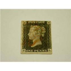A GB penny black stamp "EL" two good margins, light Maltese cross cancel (Plate 8)....