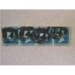 An 1841 strip of four 2d blue (plate 4) NC-NF, good margins...