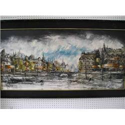 R Folland - two oils on canvas, 'Riviere Quai', signed, and 'Houses of Parliament 51cms x 104cms(...