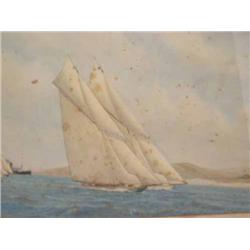 Racing yachts off the coast - watercolour; and two pen-and-ink studies by Martyn Lack. 22.5cms x...