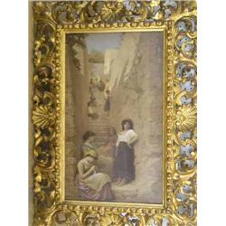 A pair of Venetian carved and pierced giltwood frames containing hand-tinted prints, 65cms x 46cm...